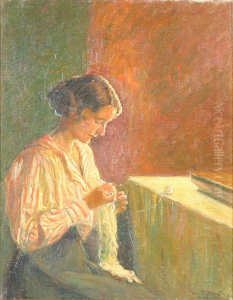 Interior with a woman sewing. Oil Painting by Poul Friis Nybo