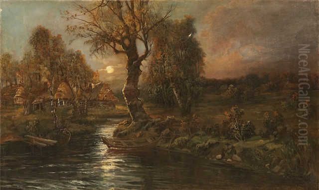 Landscape with River at the evening Oil Painting by unknown