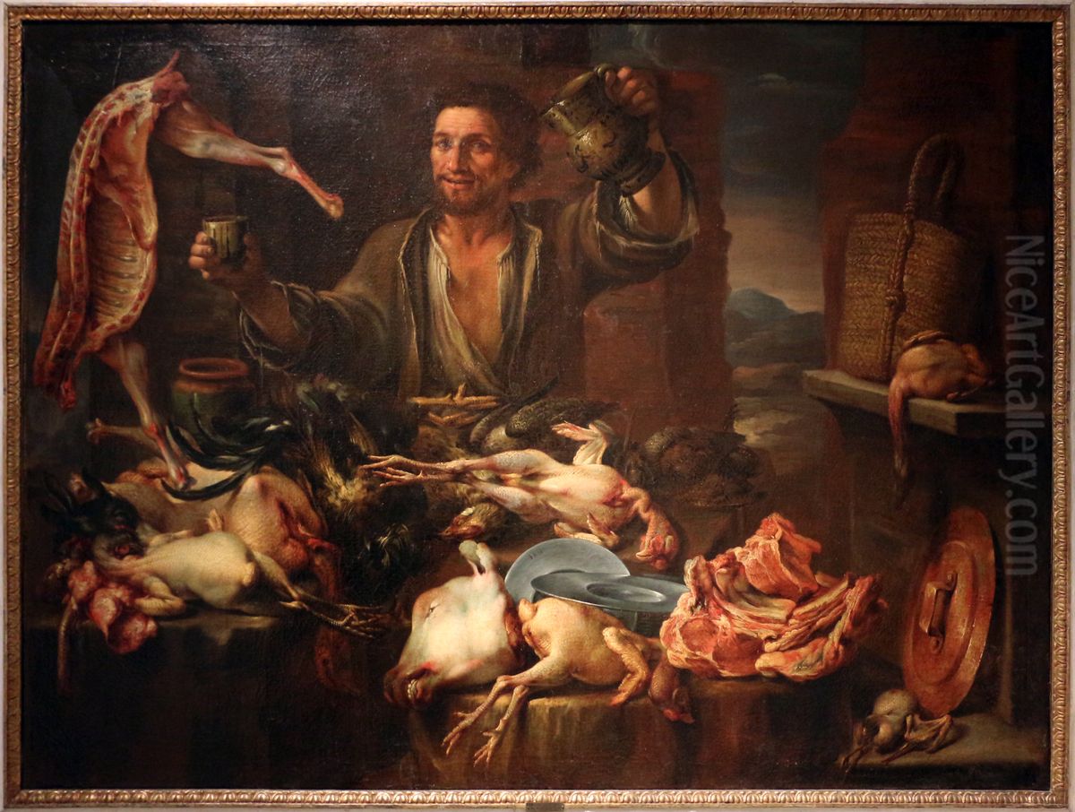 carni macellate, pollame e bevitore Oil Painting by Felice Boselli