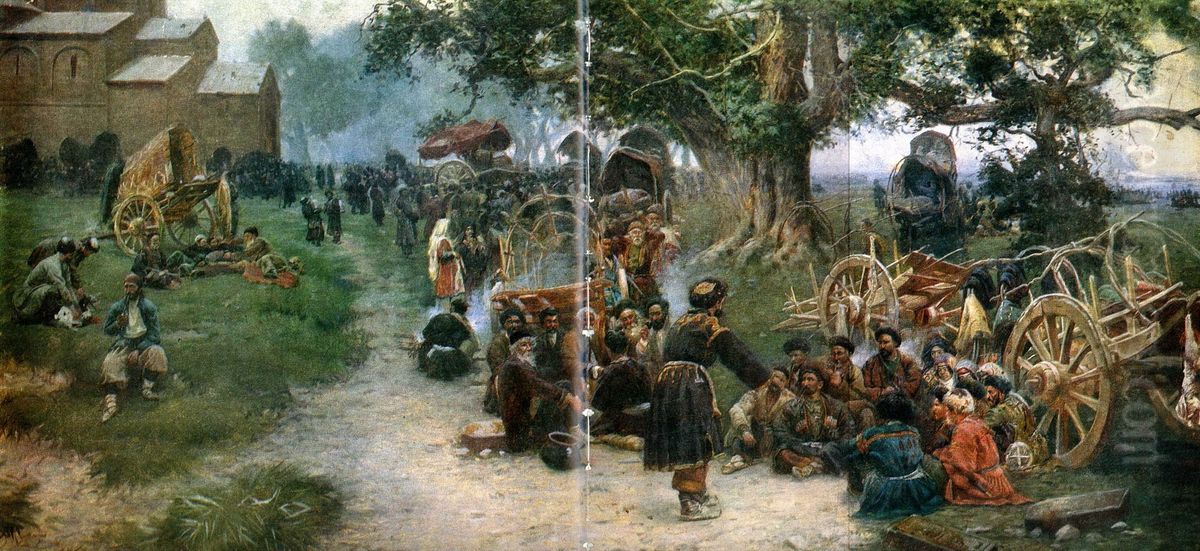 Khevsurs at the Alaverdoba festival Oil Painting by Gigo Gabashvili