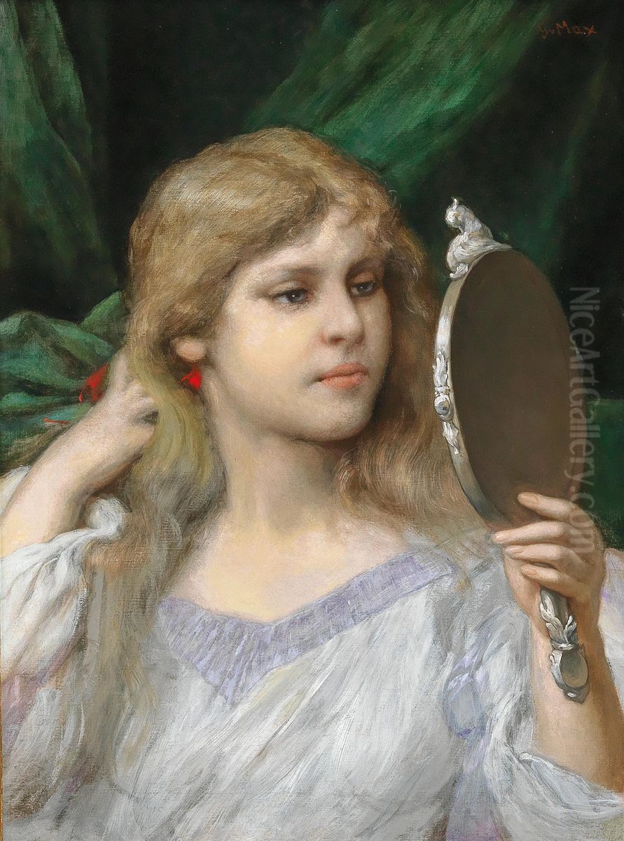 The Mirror Oil Painting by Gabriel von Max The Mirror Oil Painting by Gabriel von Max