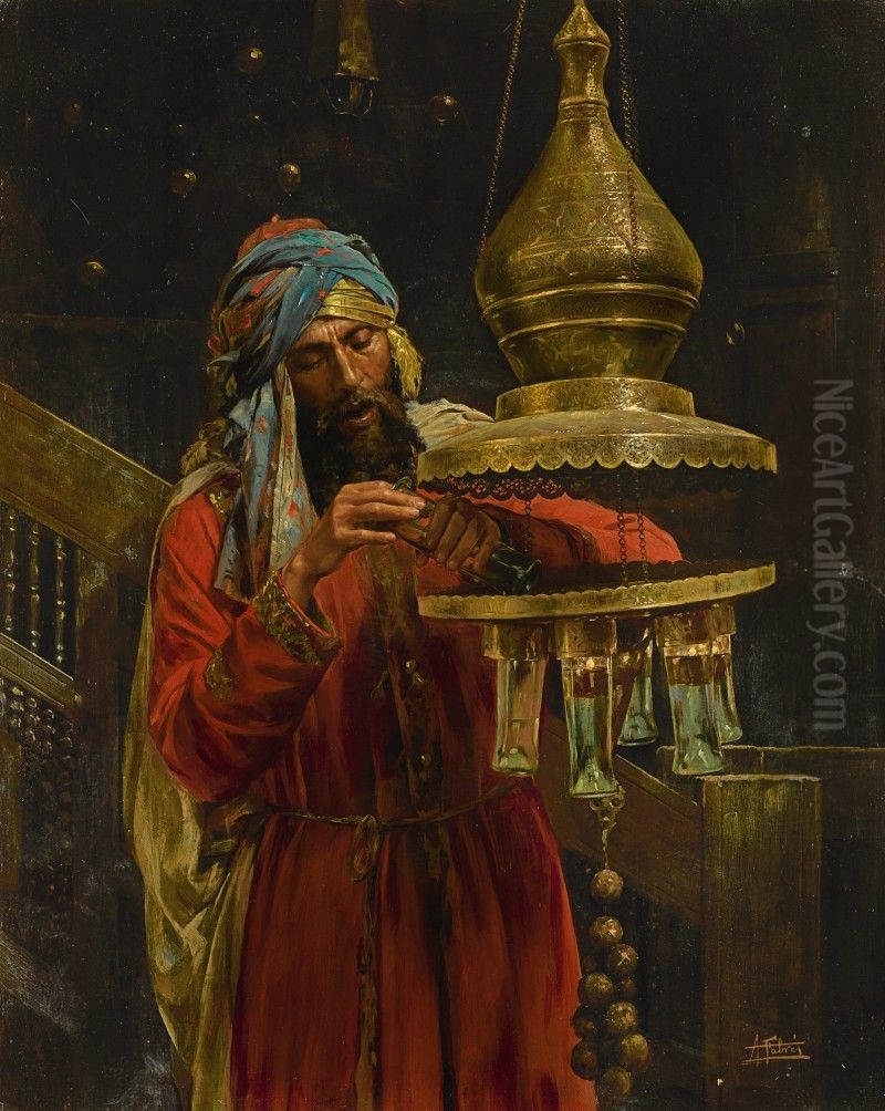Lighting the Lamp Oil Painting by Antonio Fabres