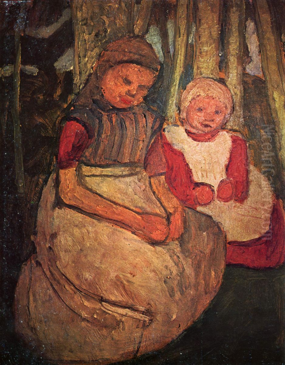 Two sitting girls in the birch forest / Two sitting girls in front of birch trunks Oil Painting by Paula Modersohn-Becker