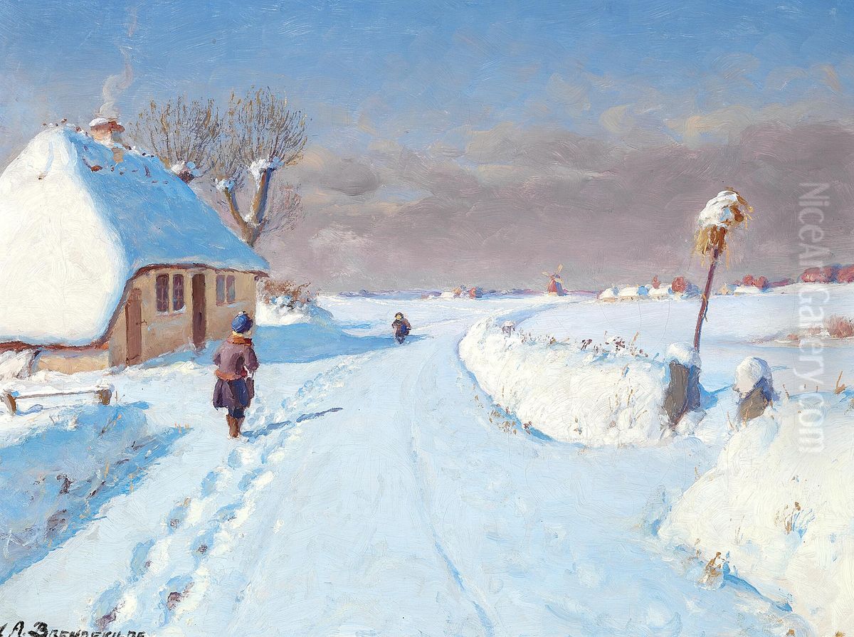Solbeskinnet landevej i udkanten af en landsby, vinter (32 x 42 cm). Oil Painting by H. A. Brendekilde