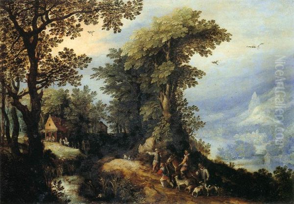 Forest landscape with hunters on a road and a view of a valley Oil Painting by Jan Brueghel the Elder