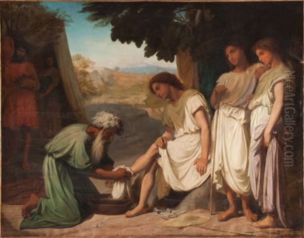 Abraham lavant les pieds des trois anges Oil Painting by Jules-Elie Delaunay