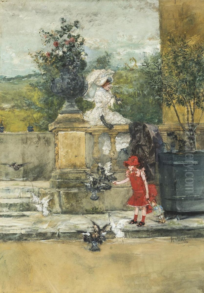 A girl feeding pigeons in front of a balustrade Oil Painting by Gotthardt Kuehl