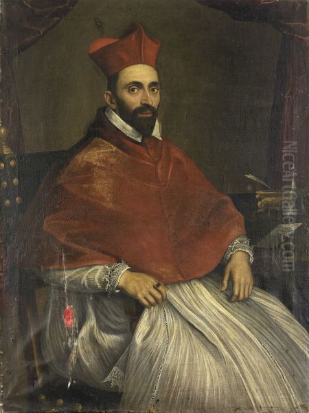 Portrait of Cardinal Ghislieri, in armchair, near a desk Oil Painting by Domenichino