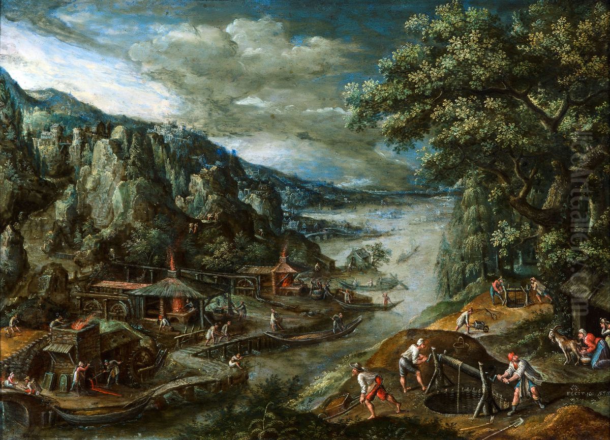 River landscape wit iron mining scene Oil Painting by Marten van Valckenborch