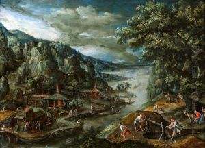 River landscape wit iron mining scene