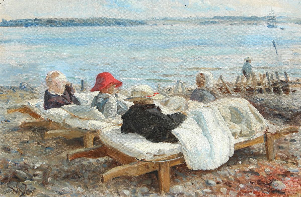Motiv fra Kysthospitalet pa Refnaes. Skoleskibet Georg Stage aflaegger sit arlige, altid af bornene med laengsel imodesete, besog. Oil Painting by Valdemar Irminger