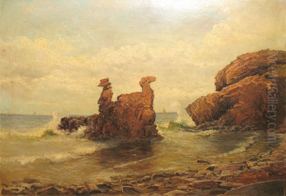 Surf at Lovehovederne (Lions' heads) on Bornholm. Oil Painting by Valdemar Magaard