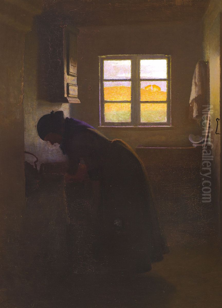 Kitchen interior with woman working. Oil Painting by Valdemar Schonheyder Moller