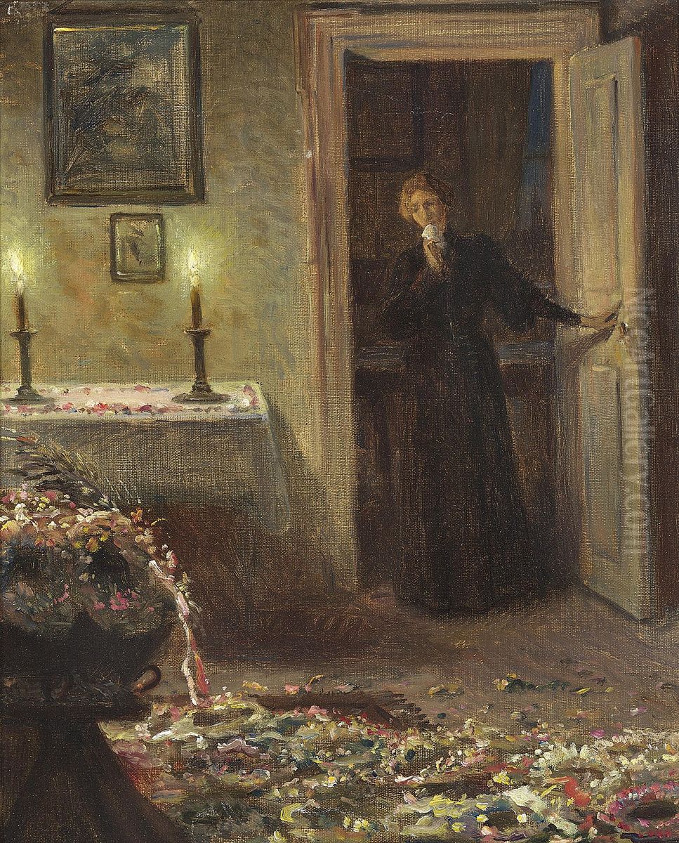 Silence. A room with a few lights on. The floor covered with wreaths. A young girl in mourning opens the door in the background. Oil Painting by Valdemar Irminger Silence. A room with a few lights on. The floor covered with wreaths. A young girl in mourning opens the door in the background. Oil Painting by Valdemar Irminger