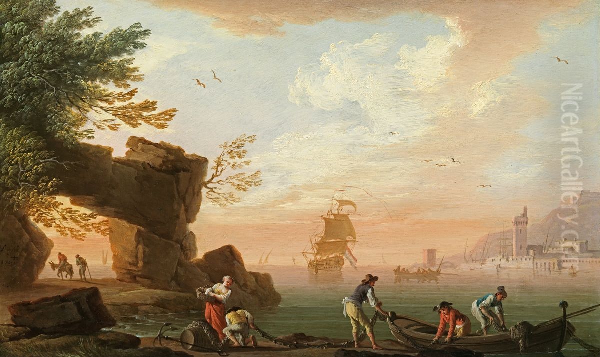 fishermen preparing their nets, a port and a Dutch man-of-war beyond Oil Painting by Charles Francois Grenier de Lacroix