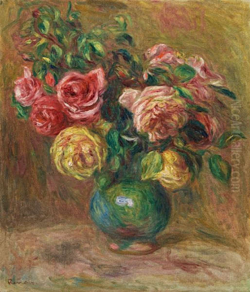 Roses in a gern vase Oil Painting by Pierre-Auguste Renoir