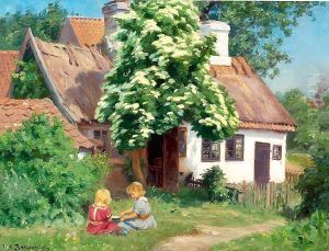 Children playing in front of a farmhouse.