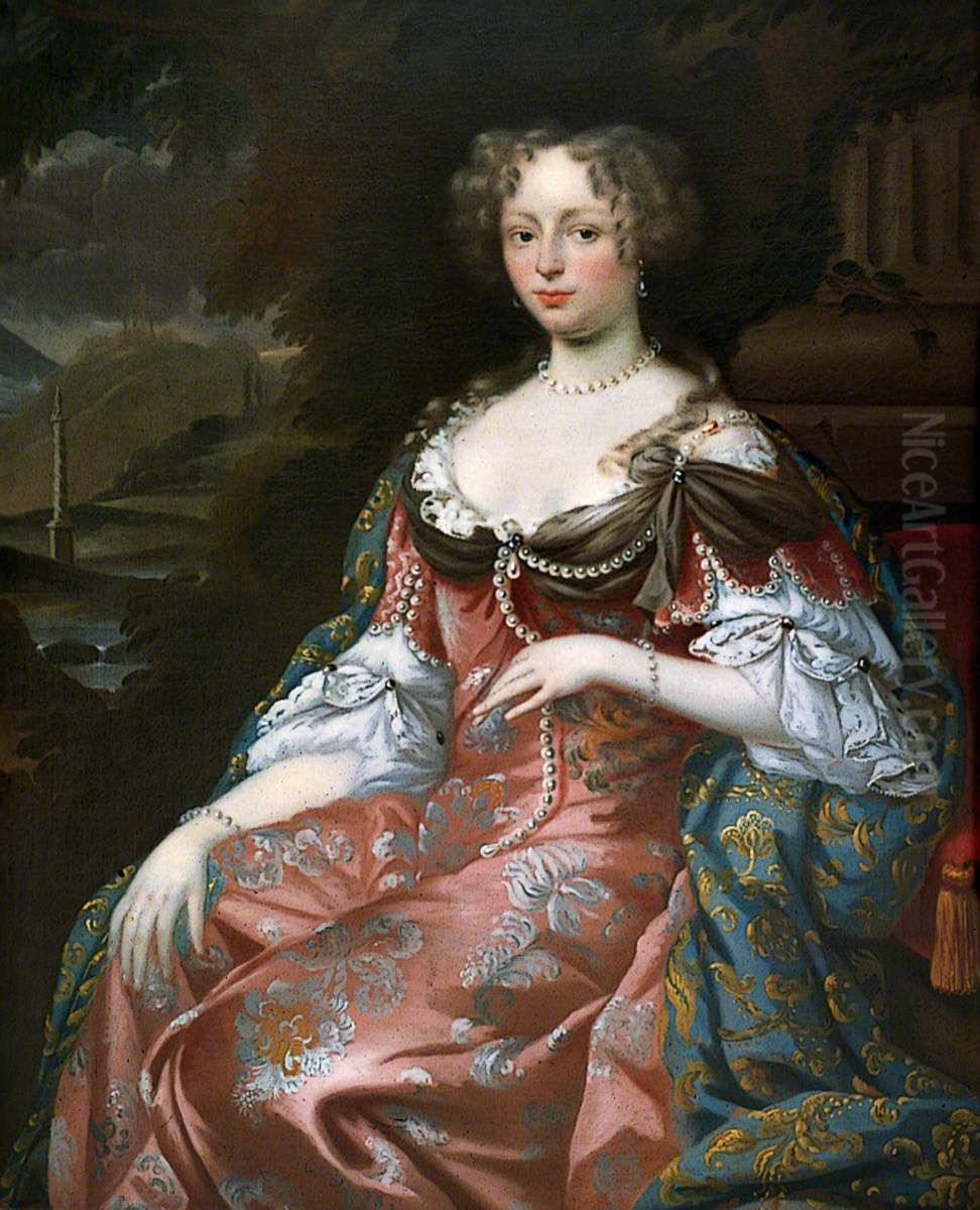 Lady in Brocade Robes before a Park with a Monument Oil Painting by Pieter Rijs