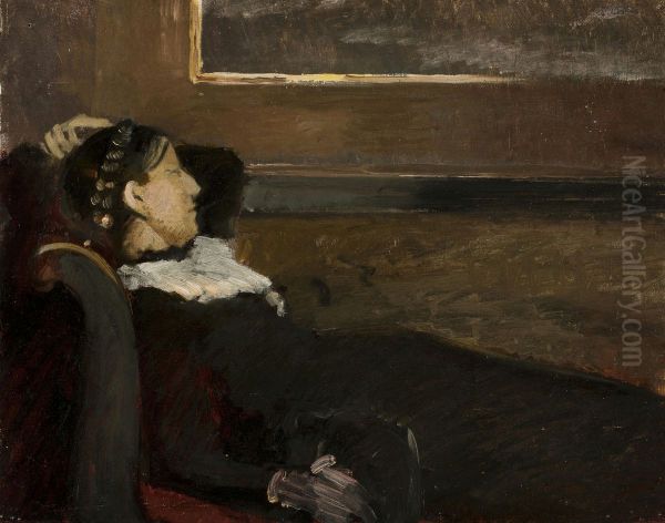 Anna Ancher resting in Brondum's dining room. Oil Painting by Michael Peter Ancher