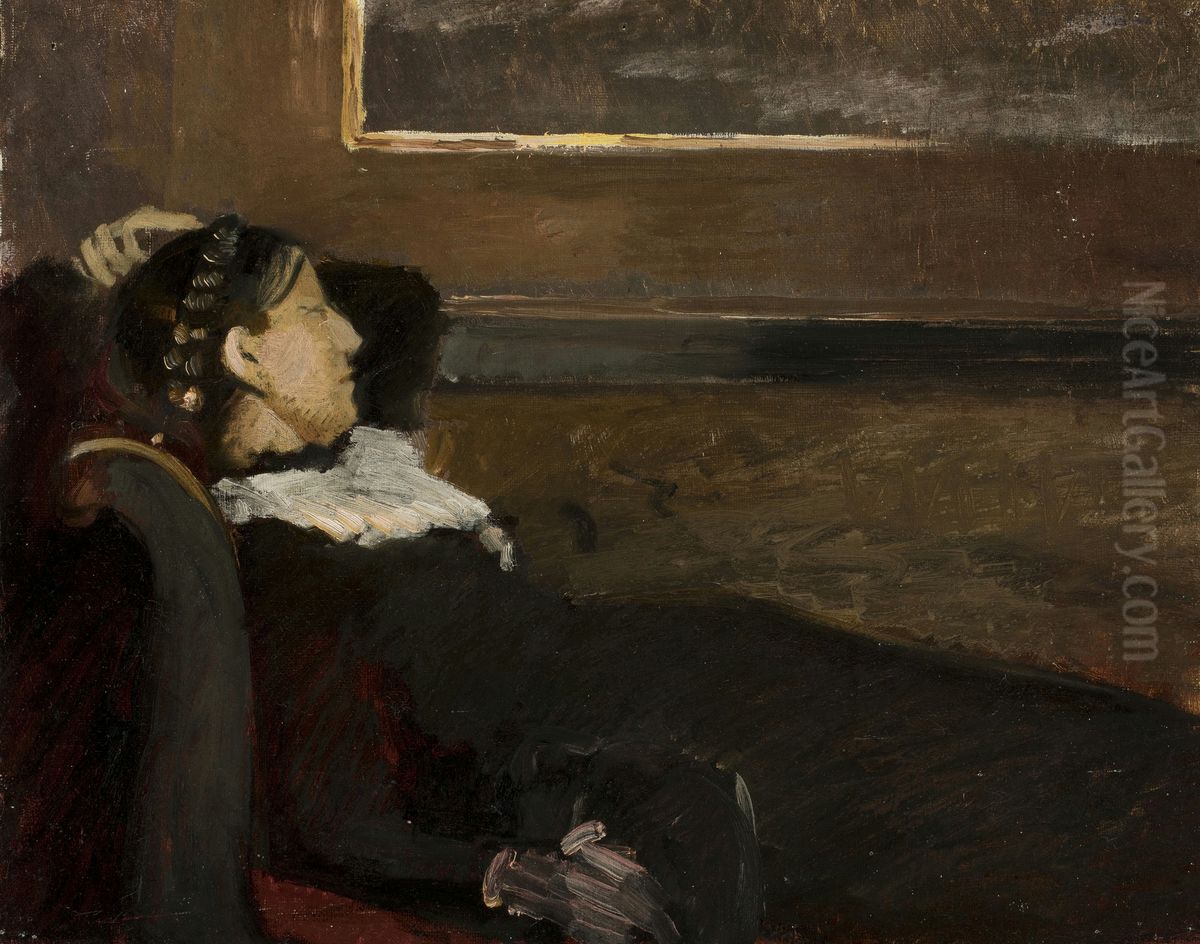 Anna Ancher hvilende i Brondums spisesal. Oil Painting by Michael Peter Ancher
