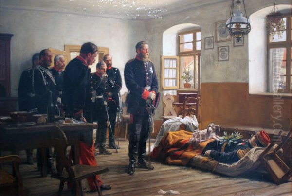 Crown Prince Friedrich Wilhelm on the body of General Abel Douay, Weissenburg on the 4th August 1870 Oil Painting by Anton von Werner