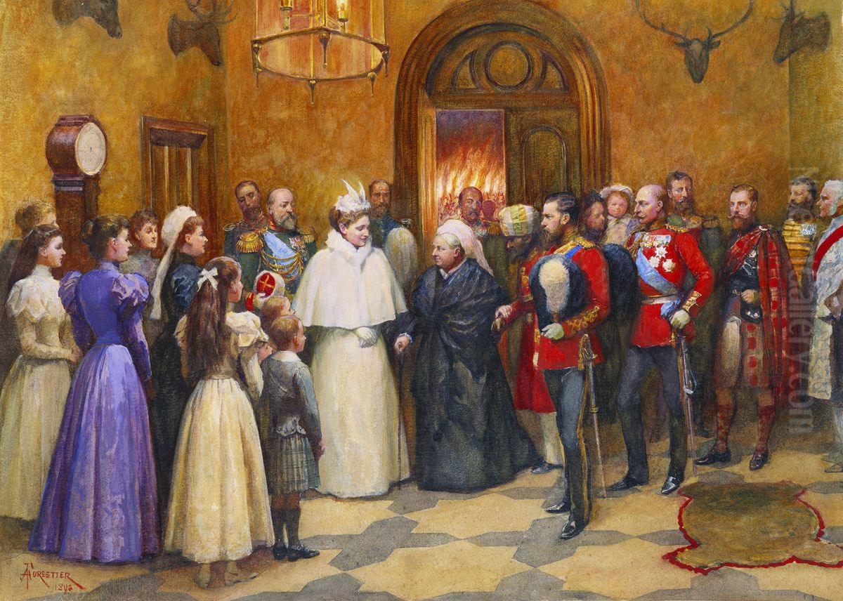 Reception of the Emperor and Empress of Russia at Balmoral, 22 September 1896 Oil Painting by Amedee Forestier