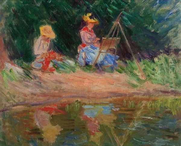 Blanche Monet peignant avec sa soeur Suzanne au bord de l'eau Oil Painting by Claude Oscar Monet