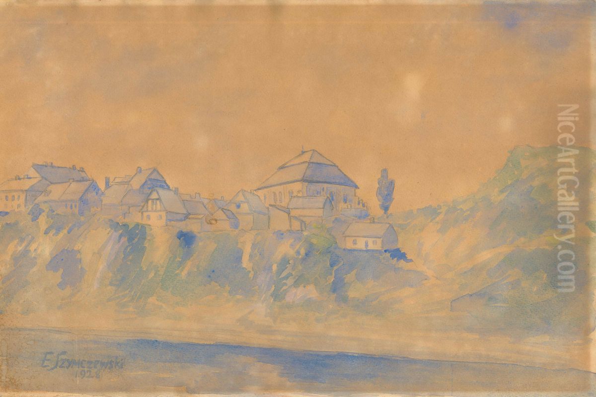 A view of Wyszogrod from the waterside of the Vistula. Oil Painting by Edward Szymczewski A view of Wyszogrod from the waterside of the Vistula. Oil Painting by Edward Szymczewski