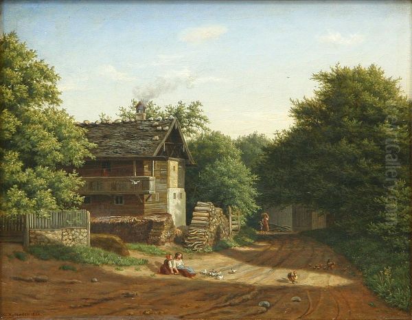 Landscape from southern Germany with a house and some children. Oil Painting by Wilhelm Xylander