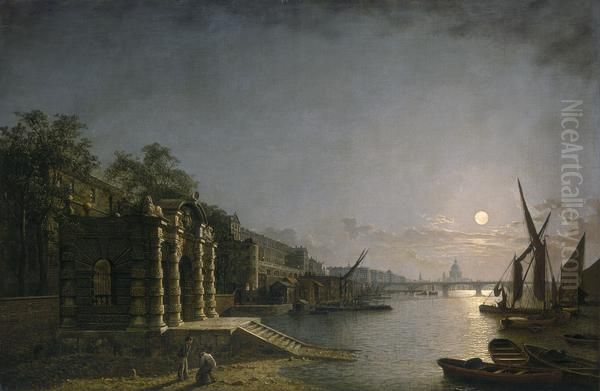 York Water Gate and the Adelphi from the River by Moonlight Oil Painting by Henry Pether
