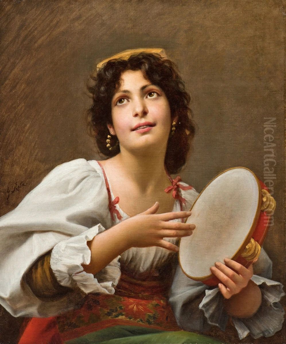 Young gipsy woman playing tambourine Oil Painting by Giovanni Rota