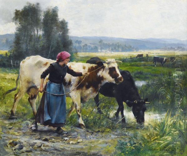 Jeune paysanne avec deux vaches Oil Painting by Julien Dupre