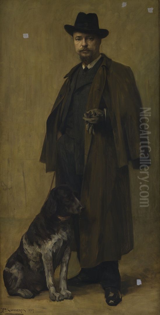 Portret van de fotograaf en kunstschilder Herman A. Bopp (1869-1914) met hond Oil Painting by Henri Goovaerts