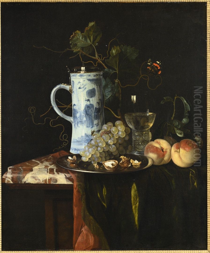 Stilleven met een kan van chinees porselein, druiven, walnoten, roemer, perziken en een kleed op een marmeren tafel Oil Painting by Hendrick Fromantiou