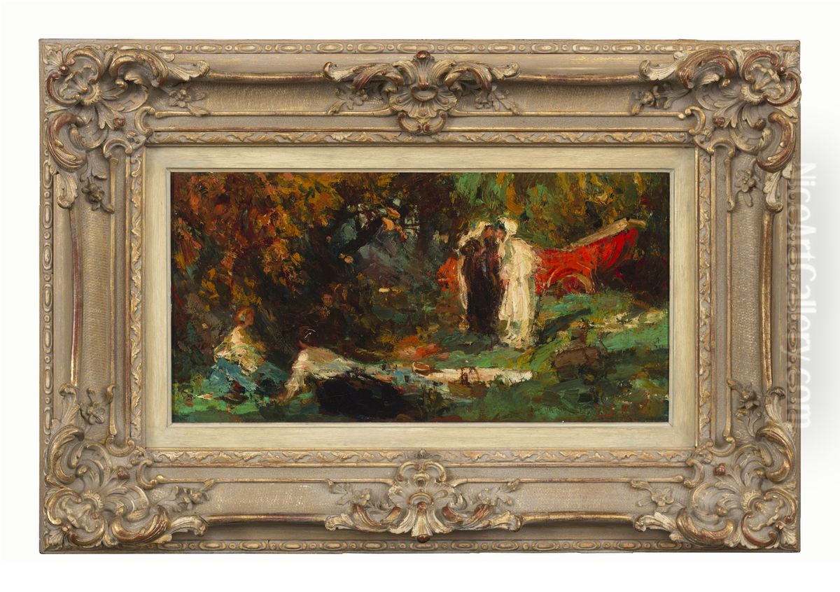 Picnic bij rode auto Oil Painting by Rob Graafland