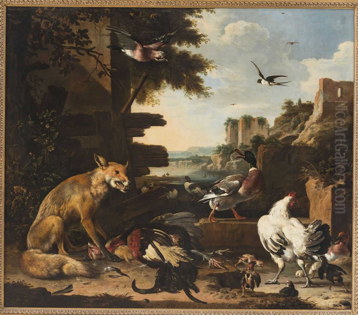Vos met dode haan en pluimvee Oil Painting by Melchior D'Hondecoeter