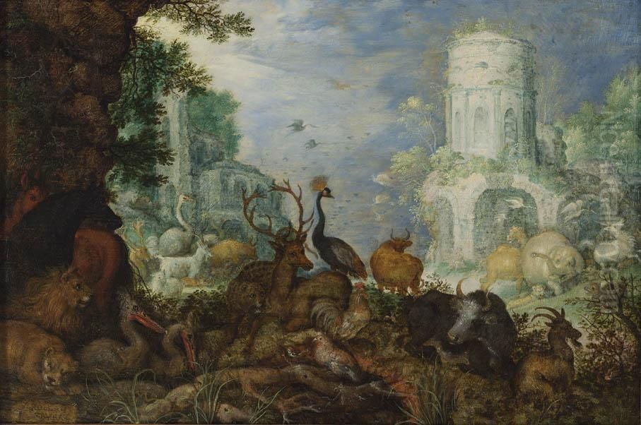 Landscape with Orpheus playing the violin;  trees and rocks move, beasts and birds are enchanted Oil Painting by Roelant Savery