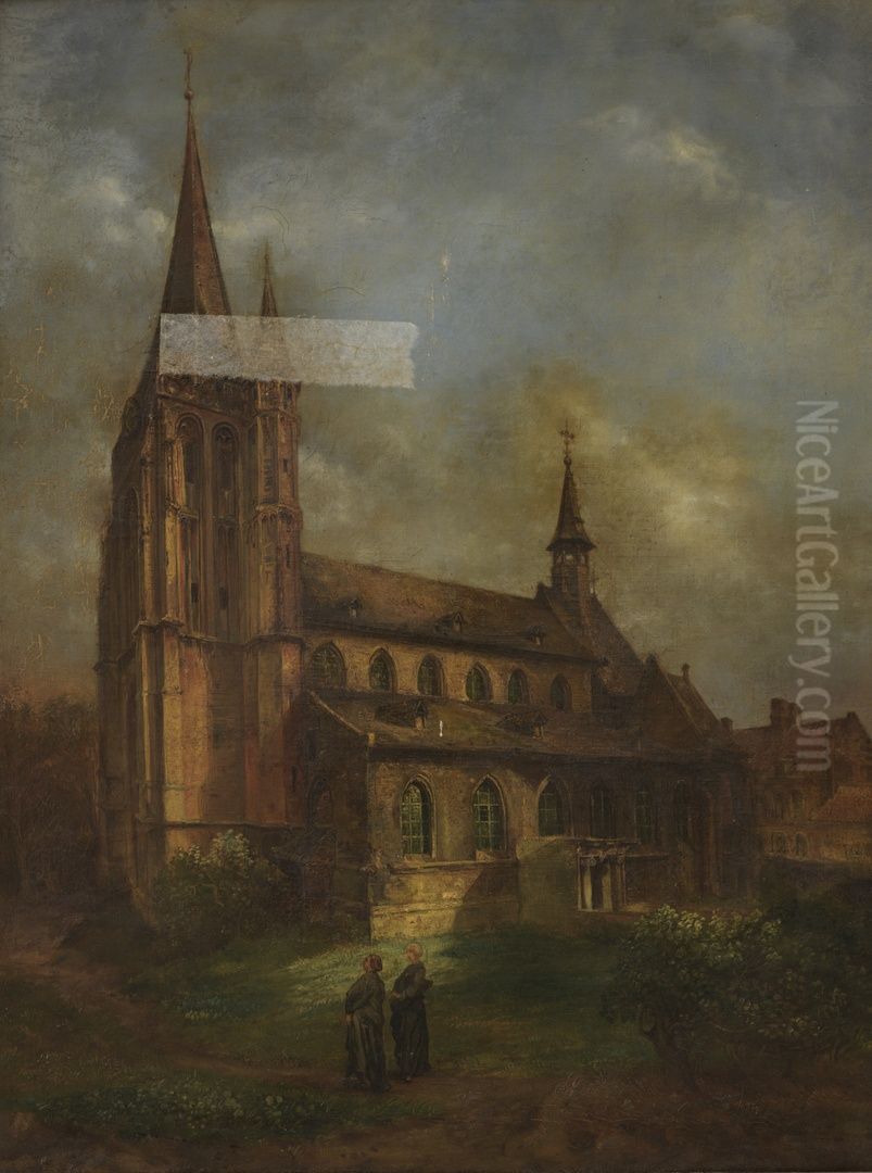 Gezicht op de voormalige St. Martinuskerk (zuidzijde) te Wyck-Maastricht, afgebroken in 1854 Oil Painting by Alexander Schaepkens