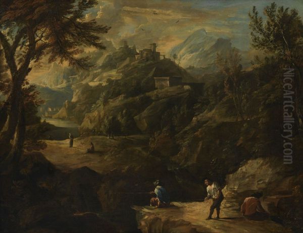 Berglandschap met burchtruine en vissers Oil Painting by Salvator Rosa
