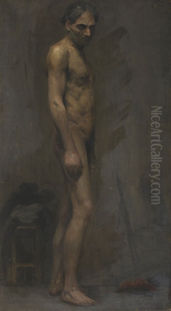 Naaktstudie van staande man in profiel naar rechts Oil Painting by Henri Goovaerts