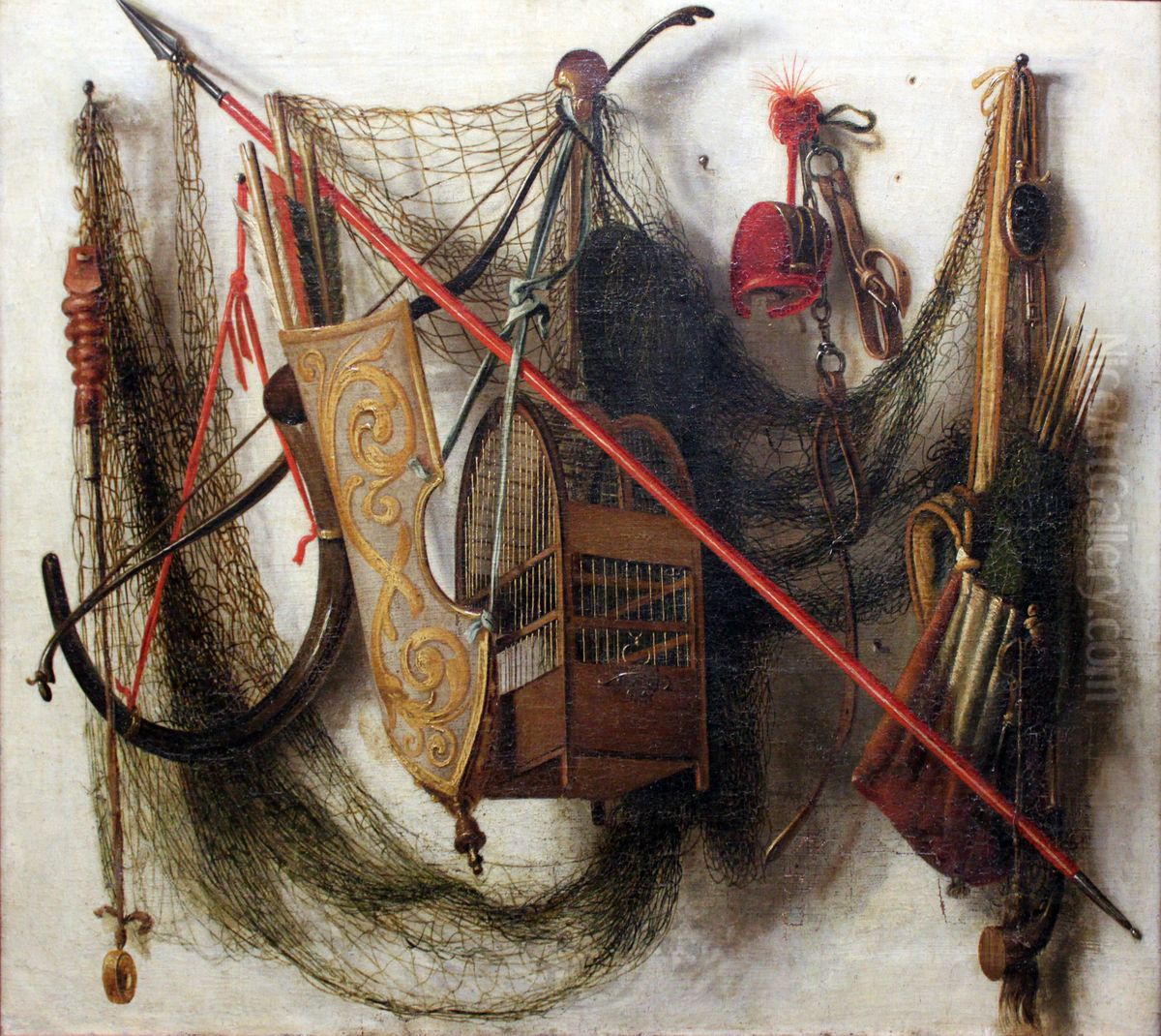 Still life with hunting weapons and devices Oil Painting by Johannes Leemans