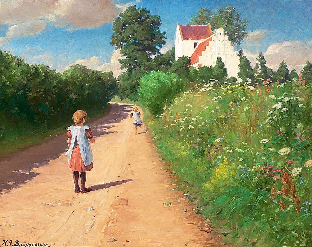 Little girls playing outside the church of Braendekilde on a warm summerday. Oil Painting by H. A. Brendekilde