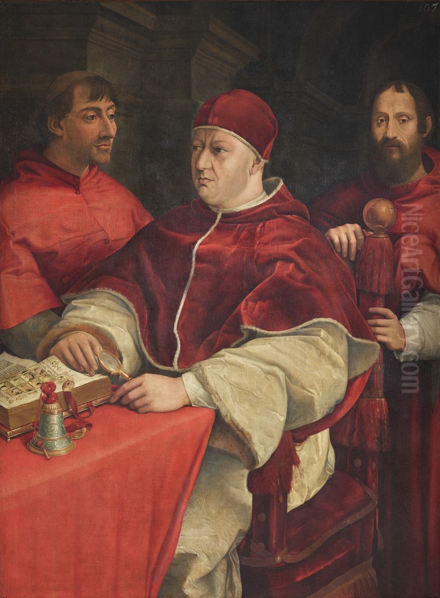 Portrait of Pope Leo X with Cardinals Giulio de'Medici and Innocenzo Cybo Oil Painting by Giuliano Bugiardini