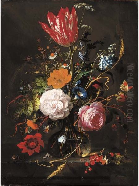 Roses, tulip, poppy, daisies, violets, morning glory, forget-me-nots, blackberries, ears of corn and other flowers with insects, in a glass vase Oil Painting by Jan Davidsz. De Heem