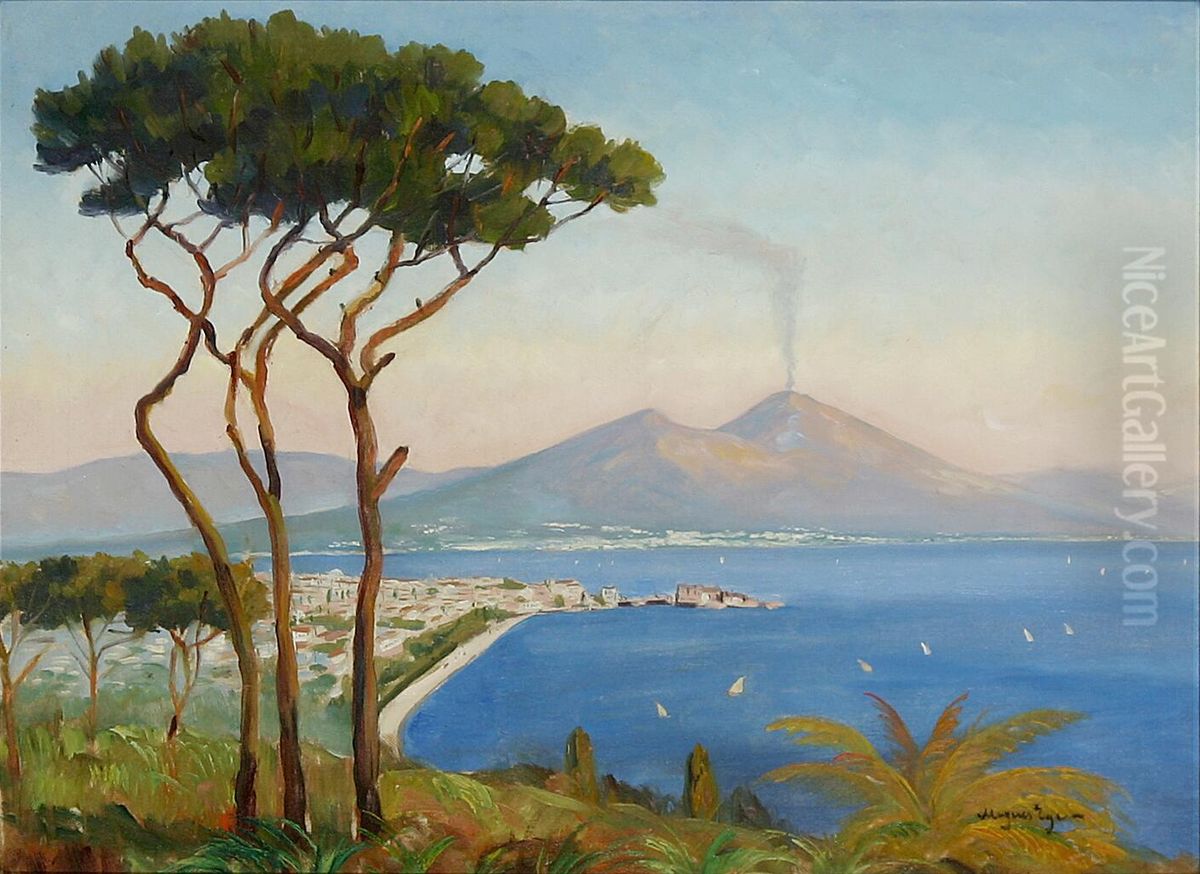 View of the Gulf of Naples, with Vesuvius in the background. Oil Painting by Mogens Ege