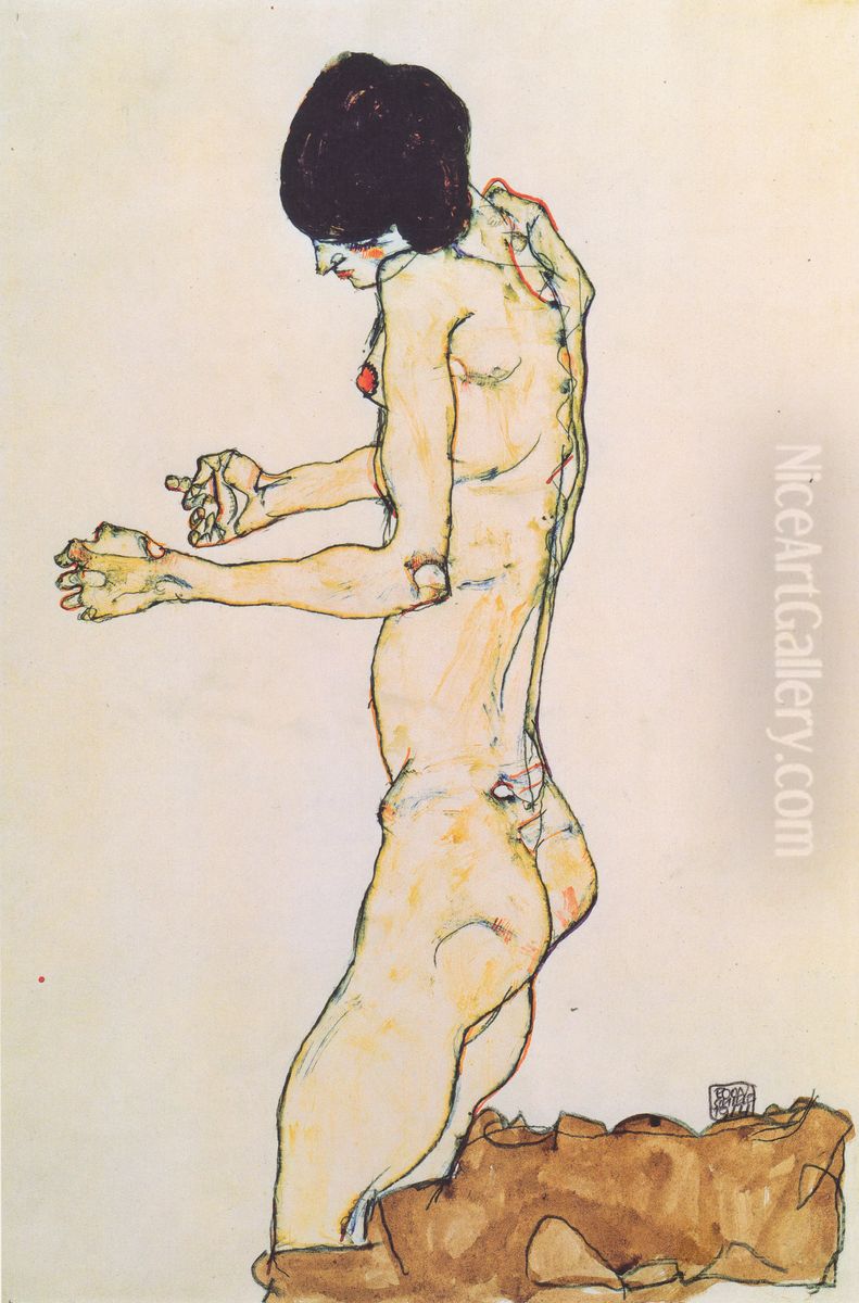 Kniender Frauenakt mit vorgestreckten Armen Oil Painting by Egon Schiele