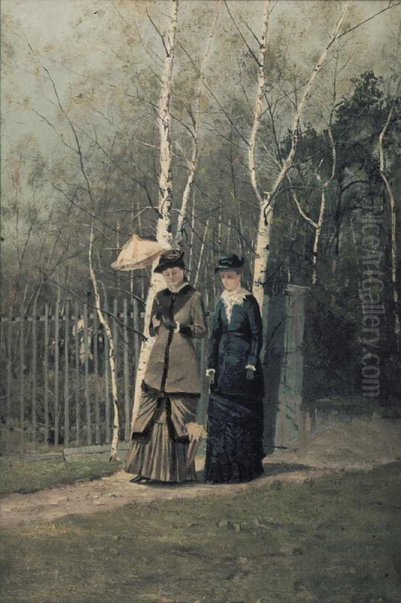 Eva Sars spaserende i Slottsparken med en venninne Oil Painting by Frits Thaulow