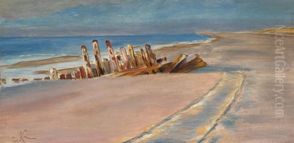 A wreck on Skagen Nordstrand. Deep wheelmarks in the sand. Oil Painting by Peder Severin Kroyer
