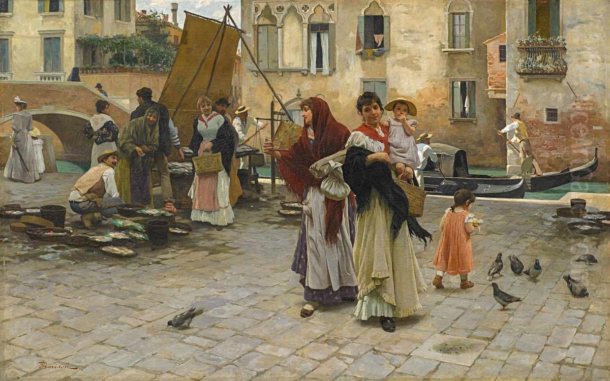 In Venice. Bustling activity at a fish market Oil Painting by Giuseppe Barison In Venice. Bustling activity at a fish market Oil Painting by Giuseppe Barison