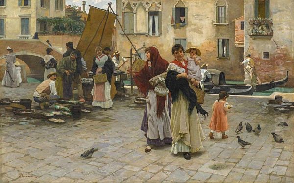 In Venice. Bustling activity at a fish market Oil Painting by Giuseppe Barison